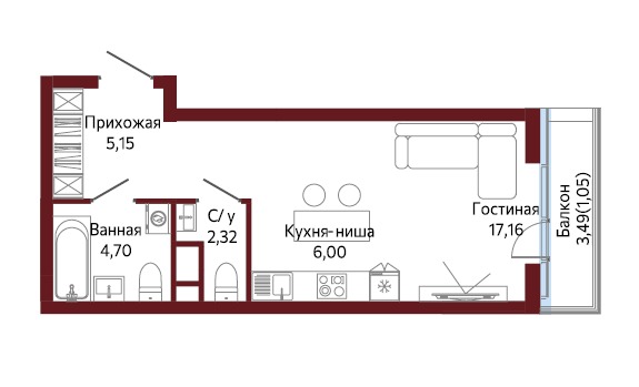 1-комнатная квартира №16